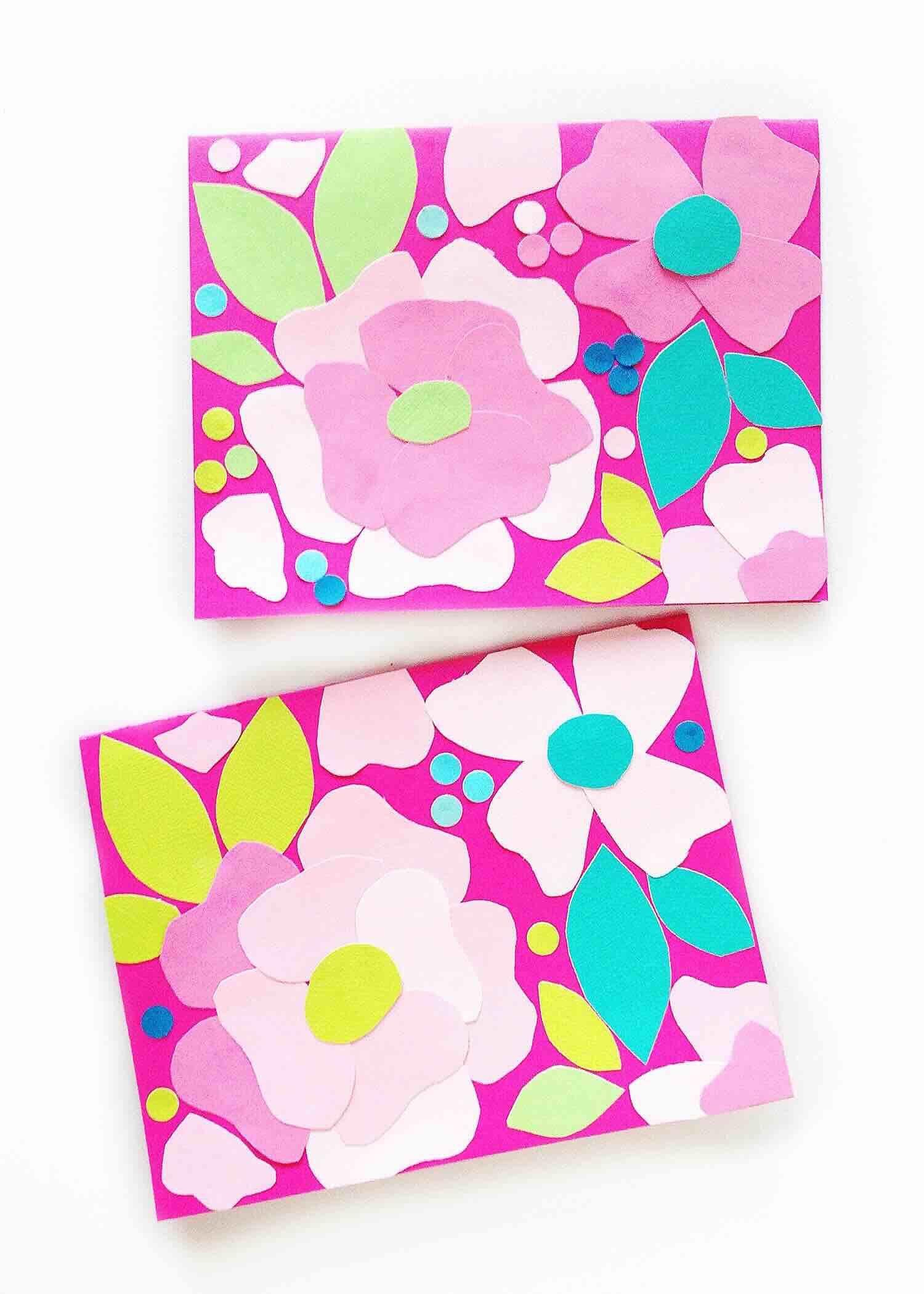 using paper scraps cut into flower petals and leaves onto a card front