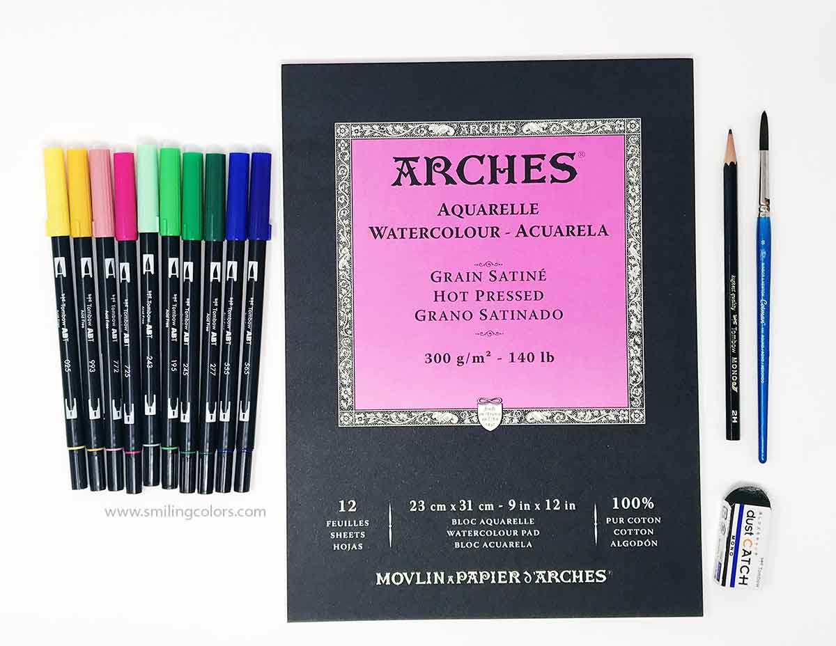watercolor with tombow markers on arches hot press paper