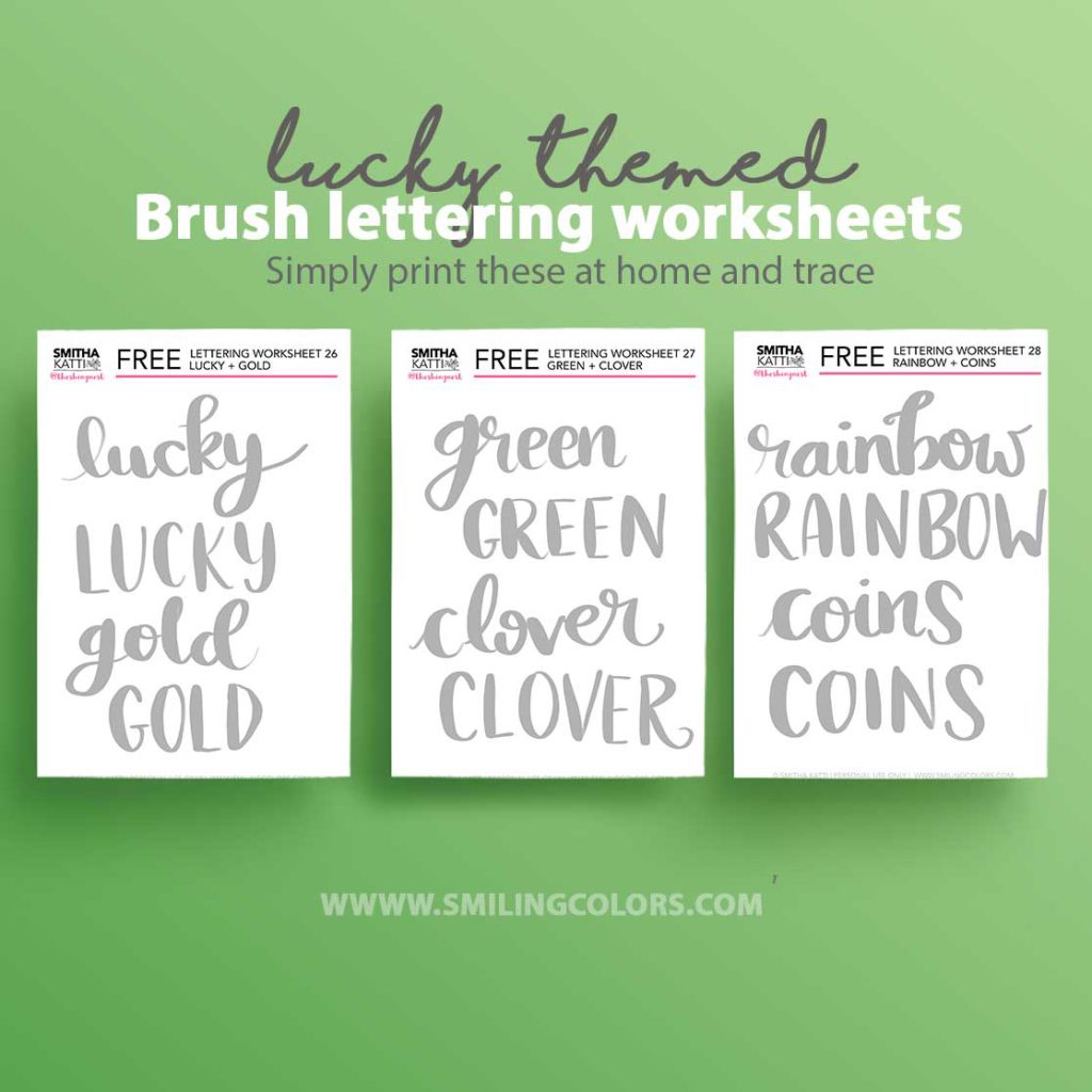 lucky themed brush lettering work sheets