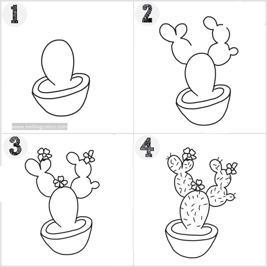 cactus drawing in a pot step by step