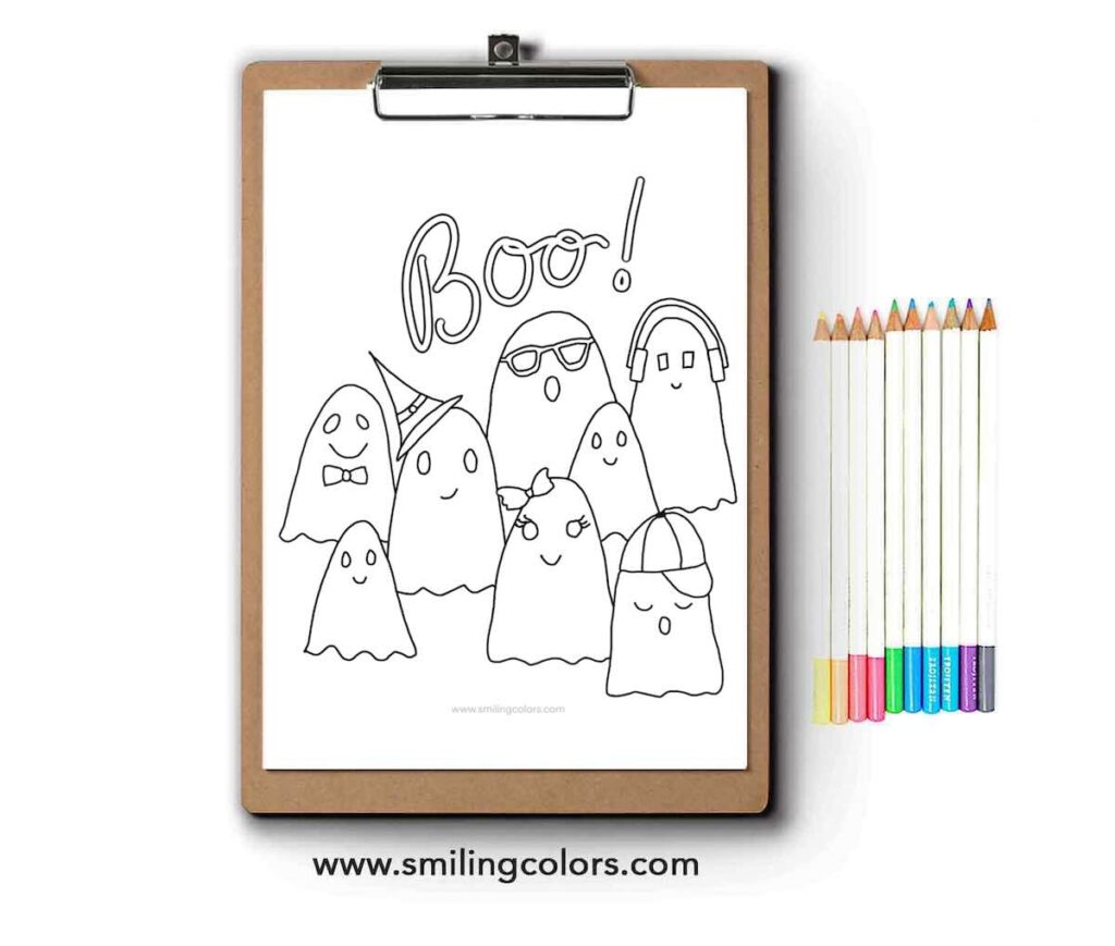 Halloween coloring page Boo ghosts wearing headphones hat glasses tie bow