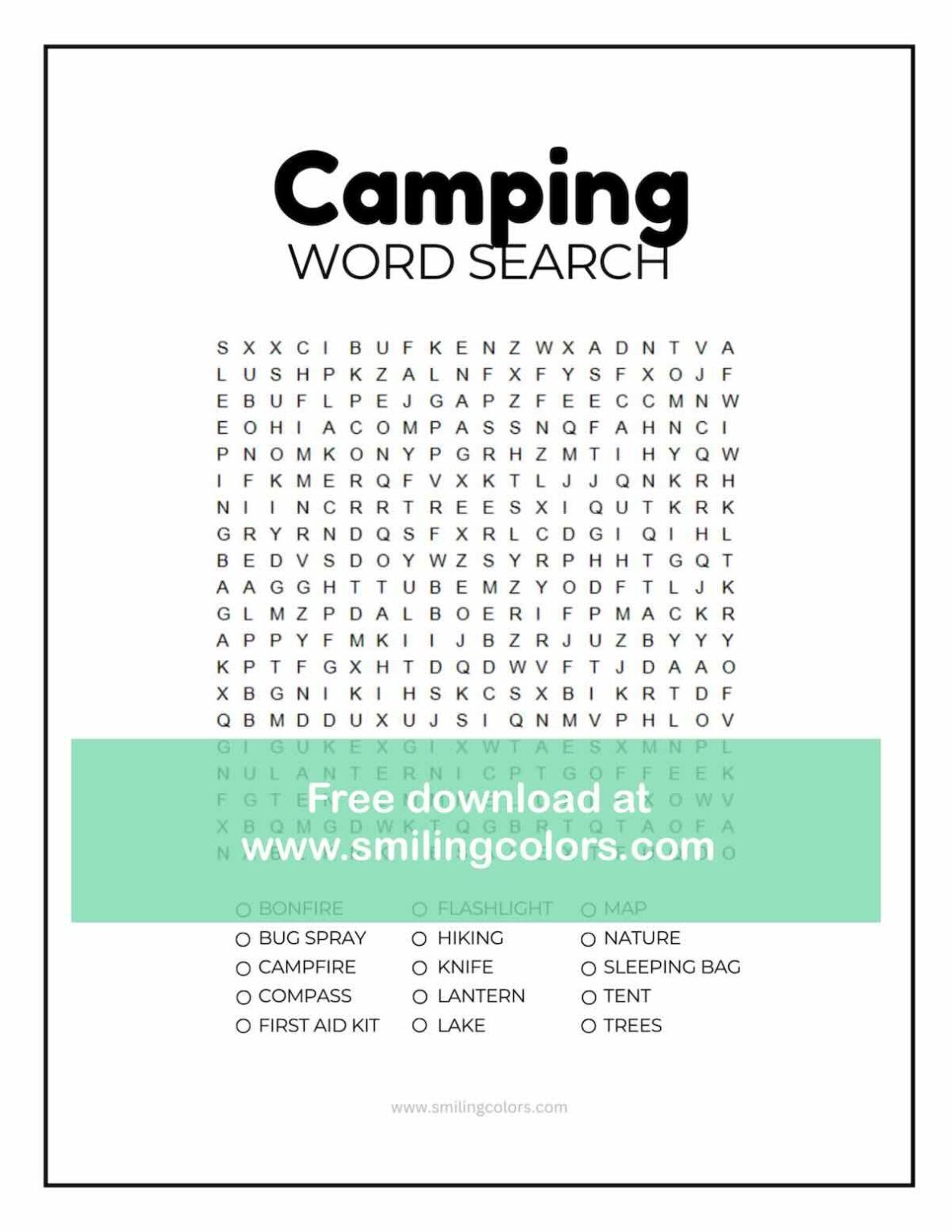 Fun Printable Camping Word Search Free PDF - Smiling Colors