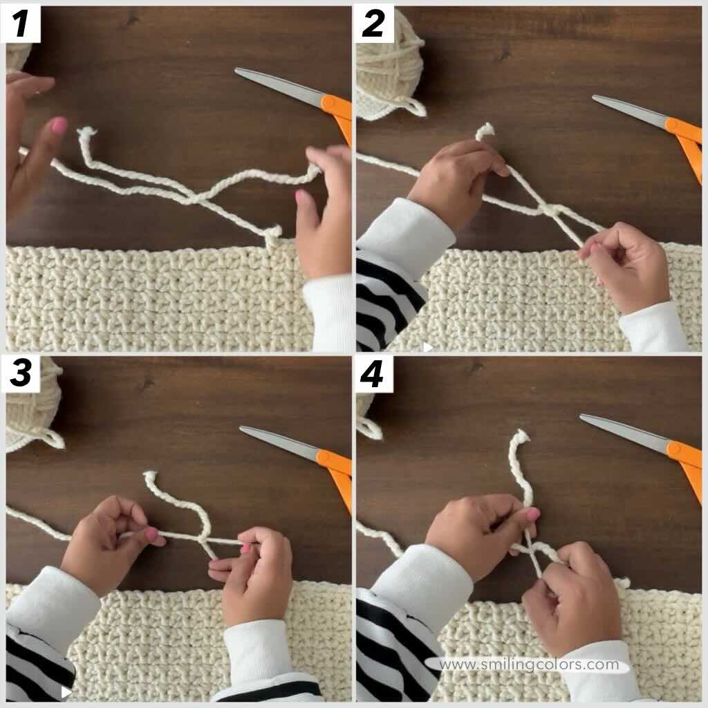 1. overlapping two yarns, 2. tie a knot, 3. tighten knot by pulling opposite two yarns, 4. tighten the first two yarn pulls
